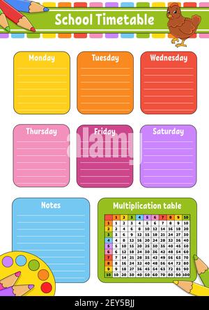 School timetable with multiplication table. For the education of children. Isolated on a white background. With a cute cartoon character. Stock Vector