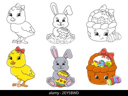 Easter theme. Set coloring page for kids. Cute cartoon characters. Black stroke. With sample. Vector illustration. Stock Vector