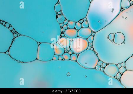macro photo of bubbles that create geometric designs. turquoise blue tone. Stock Photo
