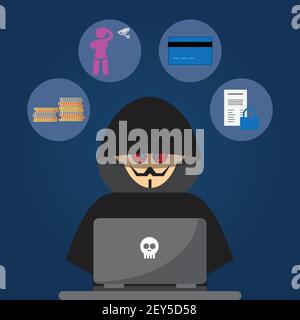 Hacker dressed in black in front of a laptop Stock Vector