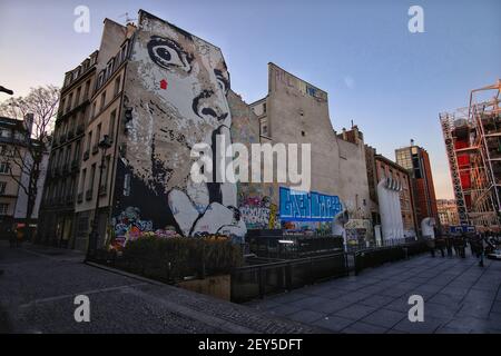Paris, France - March 20, 2019 : Beautiful graffiti on a big wall in Paris near the center Pompidou Stock Photo