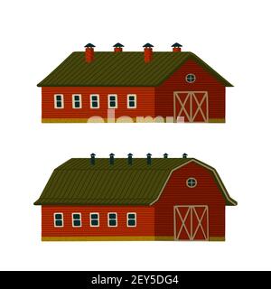 Red barns set. Wooden red Barn houses or stables in rustic retro style. Vector illustration in flat cartoon style on white background Stock Vector