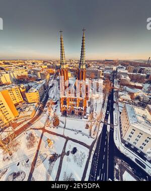 Beautiful panoramic aerial drone view to St. Florian's Cathedral, Warsaw, Poland, EU Stock Photo