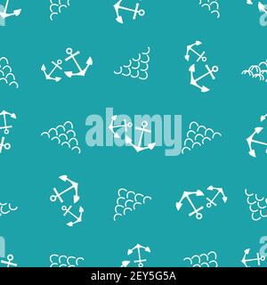 Anchors and abstract waves vector seamless pattern background. Scribbled wavy lines and boat tools aqua blue white backdrop. Duotone marine Stock Vector