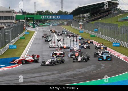 Start of the race, crash between 03 Sargeant Logan (usa), Prema Racing, Dallara F3 2019, 08 Smolyar Alexander (rus), ART Grand Prix, Dallara F3 2019, 07 Pourchaire Theo (fra), ART Grand Prix, Dallara F3 2019, action during the 3rd round of the 2020 FIA Formula 3 Championship from July 17 to 19, 2020 on the Hungaroring, in Budapest, Hungary - Photo Diederik van der Laan / Dutch Photo Agency / DPPI Stock Photo