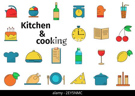 Set of colored icons for kitchen and cooking. Vector bright flat pictures. Fruit vegetables kitchen utensils. Stock Vector