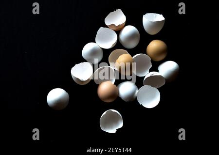broken eggshells on black background Stock Photo
