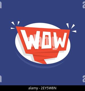 pop art wow in red speech bubble. concept of dialog box like super or awesome and exclamation of satisfaction. cartoon flat style trend modern simple Stock Vector
