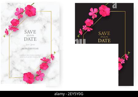Vector illustration of wedding Invitation card templates with realistic of beautiful pink flower on white marble background. Vector illustration Stock Vector