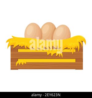 Wooden box, bale of hay, haystack with eggs in cartoon style isolated on white background. Han nest, farming clipart. Rural, textured and detailed bre Stock Vector
