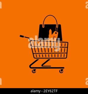 Shopping Cart With Bag Of Cosmetics Icon. Black on Orange Background. Vector Illustration. Stock Vector