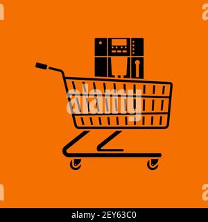 Shopping Cart With Cofee Machine Icon. Black on Orange Background. Vector Illustration. Stock Vector