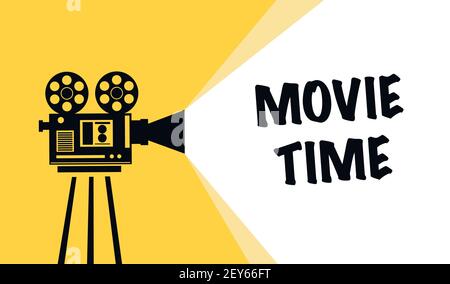 Movie time concept with retro camera isolated on yellow beams.  Stock Vector