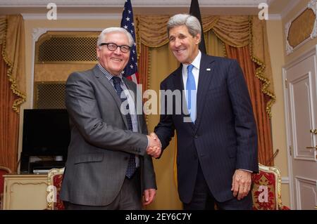 U.S. Secretary of State John Kerry shakes hands with German Foreign Minister Frank-Walter Steinmeier in Vienna, Austria, on November 22, 2014, before a bilateral meeting about the status of the nuclear program negotiations between the P5+1 nations and Iranian officials. (Photo by State Department/Sipa USA)