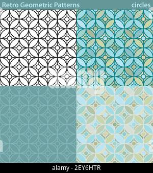 Four different versions of a seamless pattern fill with retro-looking geometric motifs. Stock Vector
