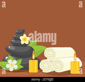Spa concept poster with towels, stones and candle Stock Vector