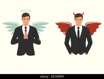 vector illustration of a cartoon devil and angel, good and bad choice, wings, horns and halo Stock Vector