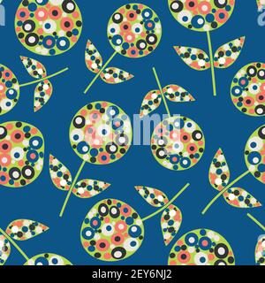Abstract allium flower seamless vector pattern background. Midcentury modern flowers with bejewelled effect circle shapes on navy blue backdrop. Chic Stock Vector