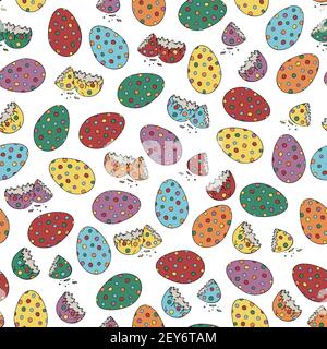 Seamless vector pattern with colourful spotty eggs on white background. Easter holiday wallpaper design. Fantasy fashion textile. Stock Vector