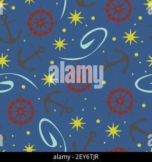 Seamless vector pattern with anchor and ship wheel on blue background. Nautical wallpaper design for children. Simple sea elements fashion textile. Stock Vector