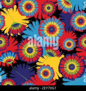 Seamless vector pattern with tie dye flowers on black background. Rainbow floral wallpaper design. Happy hippy fashion textile. Stock Vector