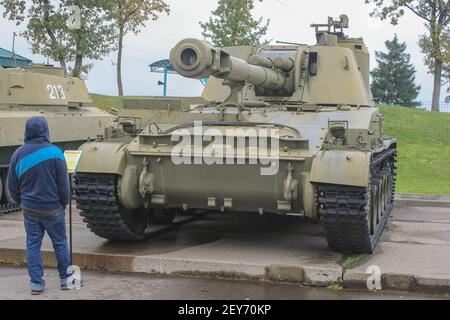 Minsk, Belaraus - October 2, 2012: 152-mm self-propelled howitzer 2S3 Acacia in the Belarusian museum complex Stalin Line. Designed to destroy artille