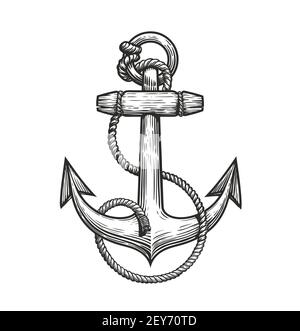 Ship anchor and rope in vintage engraving style. Sketch vector illustration Stock Vector