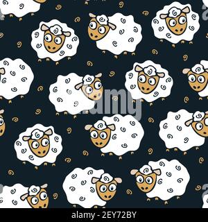 Seamless vector pattern with cartoon sheep on dark blue background. Cute animal wallpaper design with lamb. Children fun fashion textile. Stock Vector