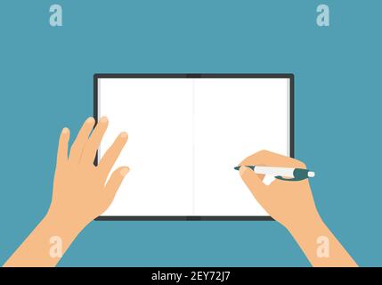 Flat design illustration of man or woman hands writing with pen in exercise book with blank white sheets - Vector Stock Vector