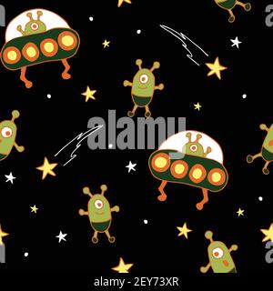 Seamless vector pattern with hand drawn aliens on black background. Fun cartoon UFO wallpaper design for children. Spaceship fashion textile. Stock Vector