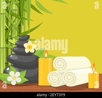 Spa concept poster with towels, stones and candle Stock Vector