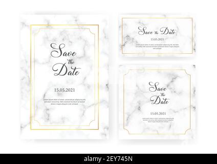 Elegant wedding invitations set with golden geometric frames and gray marble texture. Luxury invitation collection with save the date, rsvp, menu Stock Vector