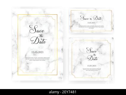 Elegant wedding invitations set with golden geometric frames and gray marble texture. Luxury invitation collection with save the date, rsvp, menu Stock Vector