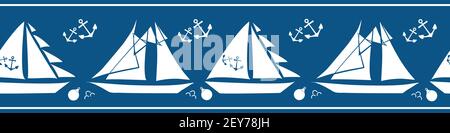 Boats, anchors, buoys vector seamless border. Navy blue white banner with yachts and sailing equipment tools and striped edges. Duotone marine Stock Vector