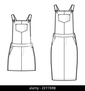 Set of Dungarees Denim overall jumpsuit dress technical fashion illustration with knee mini length, normal waist, pockets, Rivets. Flat front, white color style. Women, men unisex CAD mockup Stock Vector