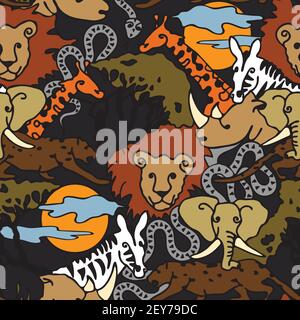 Seamless vector pattern with safari animal on dark background. Cute African animal wallpaper design for children. Hand drawn jungle fashion, textile. Stock Vector