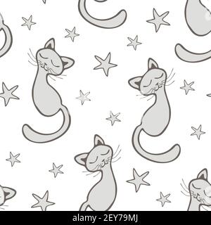 Seamless vector pattern with cats and stars on white background. Beautiful animal wallpaper design with sleeping kittens. Simple repeat fashion fabric. Stock Vector