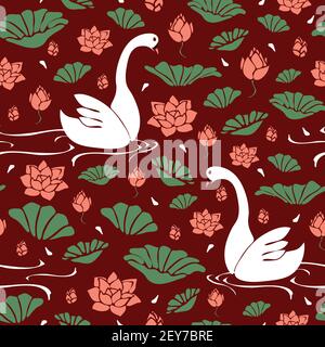 Seamless vector pattern with swans and louts flower on dark red background. Simple bird swimming. Mahogany floral wallpaper design. Stock Vector