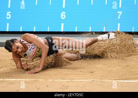 Belgian Nafissatou Nafi Thiam pictured in action during the long jump of the women pentathlon event of the European Athletics Indoor Championships, in Stock Photo