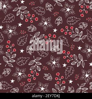 Seamless vector pattern with white flowers on brown background. Christmas floral wallpaper design. Seasonal fashion textile. Stock Vector