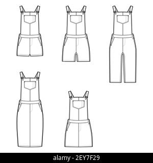 Set of Dungarees Denim overall jumpsuit dress technical fashion illustration with knee mini length, normal waist, high rise, pockets, Rivets. Flat front, white color style. Women men unisex CAD mockup Stock Vector