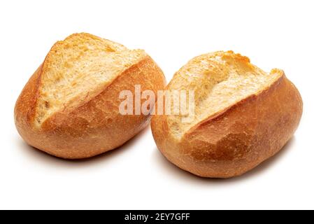 Two crispy bread rolls isolated against white background Stock Photo