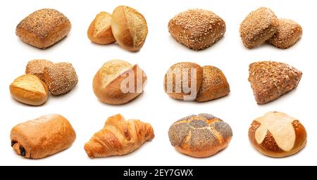 Crusty rolls - various sorts isolated against white background Stock Photo