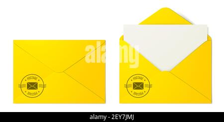 Set of folded and unfolded yellow mail envelopes with a postage service stamp isolated on the white background. Postal folder vector mockup. Stock Vector