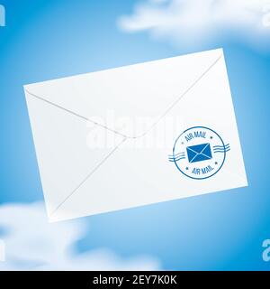 Folded white envelope with Air Mail postal service stamp, flying in the sky with clouds. Flying message concept vector illustration, with copy space. Stock Vector