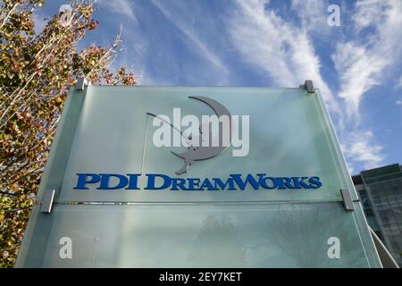 A logo sign at the headquarters of PDI/DreamWorks, A subsidiary of ...