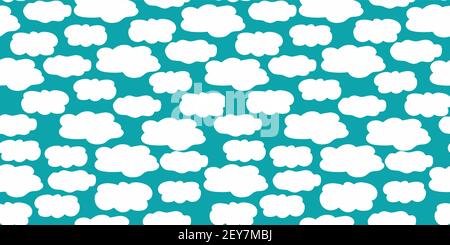 Cute vector border with hand drawn irregular fluffy clouds on aqua blue background. Seamless banner with irregular cloud shapes. Dense cumolonimbus Stock Vector