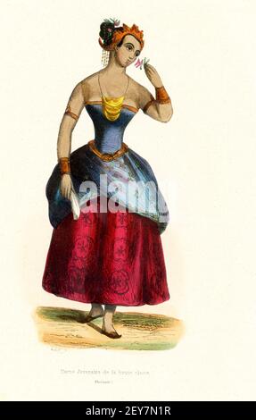 This 1840s illustration shows an upper class lady from Java. The Javanese people are an ethnic group native to the Indonesian island of Java. With approximately 100 million people, they form the largest ethnic group in Indonesia. They are predominantly located in the central to eastern parts of the island.  Java is part of the area of the world known as Oceania. Oceania is a geographic region that includes Australasia, Melanesia, Micronesia and Polynesia. Spanning the Eastern and Western Hemispheres, Oceania has a land area of 8,525,989 square kilometers. Stock Photo