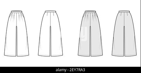 Pants culotte palazzo technical fashion illustration with normal waist, high rise, calf length, seam pockets, wide legs. Flat trousers template front back white grey color. Women men unisex CAD mockup Stock Vector