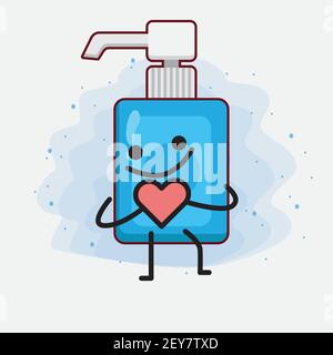 Vector Illustration of Hand Sanitizer Character with cute face, simple hands and leg line art on Isolated Background. Flat cartoon doodle style. Stock Vector